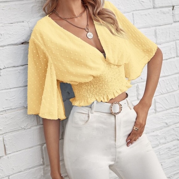 Boho Swiss dot v neck butterfly sleeve shirred top - Picture 6 of 9